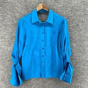 New Bebe Shirt Women XS Blue Button Up Silk Collared Long Sleeve Casual Solid